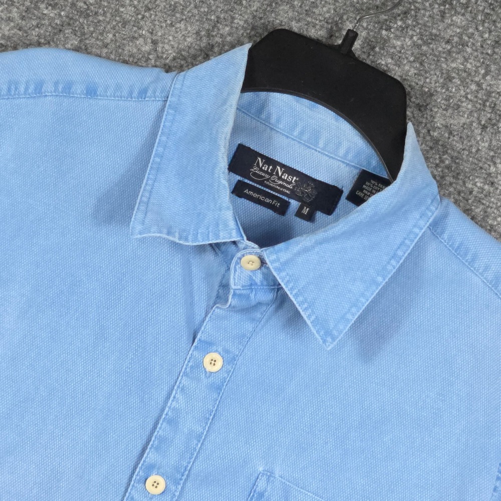 Nat Nast Luxury Mens M Short Sleeve Shirt Blue Silk Cotton American Fit